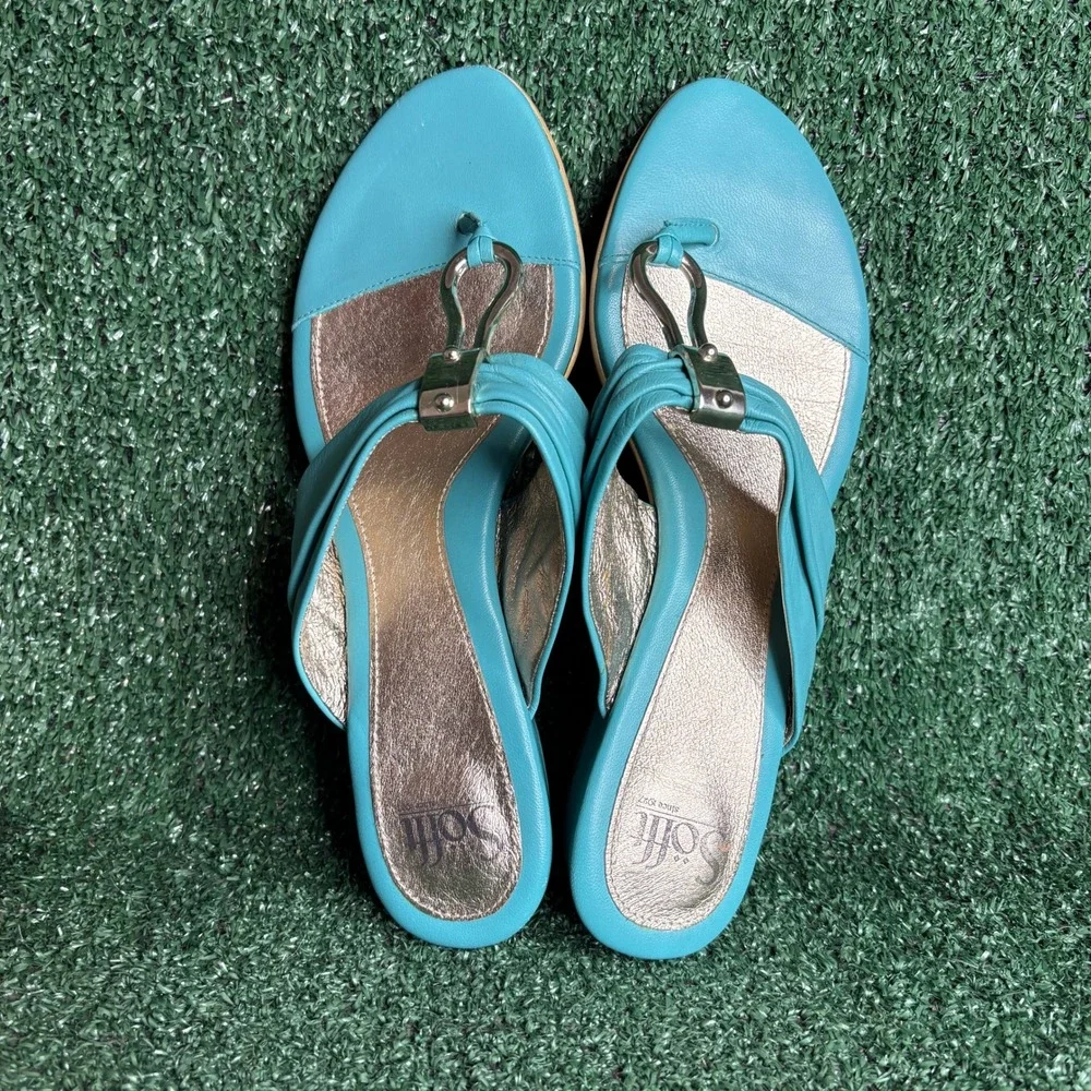 Sofft Leather‎ Hardware Low Wedge Slip On Thong Sandals Turquoise Womens Size 10